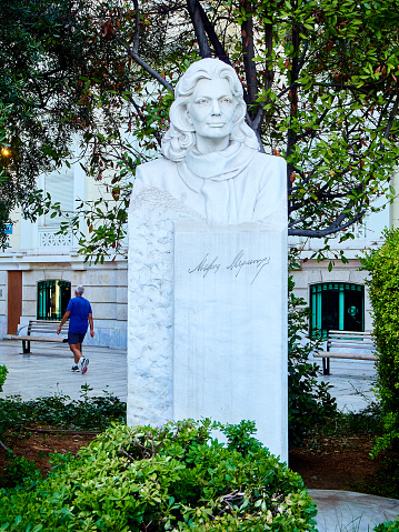 Athens, Greece - June 30, 2018. Melina Mercouri monument in a small memorial in Leoforos Vasilisis Amalias avenue, dedicated to the memory of the famous actress, singer, and politician. Athens. Attica, Greece.