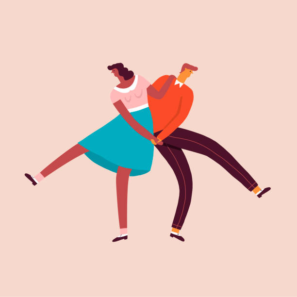 ilustraciones, imágenes clip art, dibujos animados e iconos de stock de tarjeta de pareja de baile caracteres en retro años 50 estilo - lindy hop