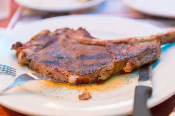 grilled beef steaks with spices on white plate.