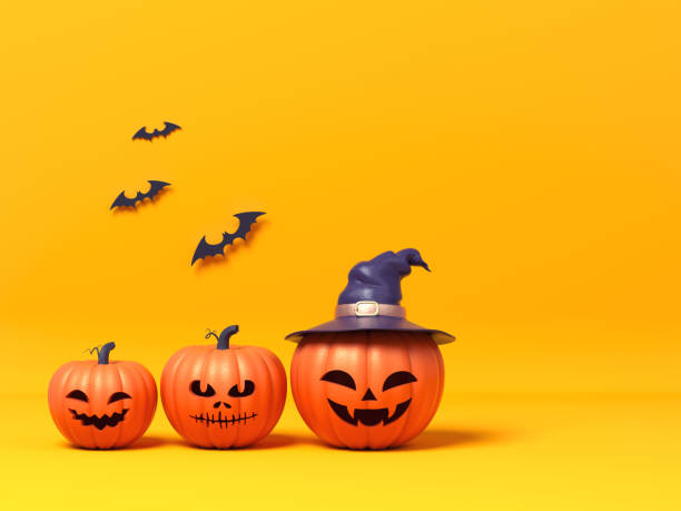 istock Halloween glitter pumpkin jack o lantern decor with witch's hat and bat. Orange background. 3d render 1024992046
