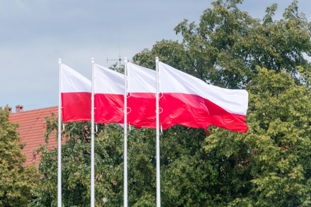 istock Polish national flags waving on the wind. 1024996626