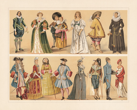 European costumes from the 17th to the 19th century: 1) Charles I of England (1624); 2) French noblewoman (1650); 3) Dutch citizen couple (1640); English noblewoman (1640); 5) Nobleman (Time during the Thirty Years War); 6) Cologne citizen woman; 7) Louis XIV of France (1680); 8) French noblewoman with the 