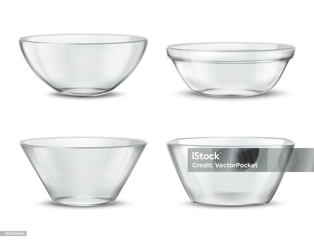 Vector 3d realistic transparent tableware, glass dishes Vector 3d realistic transparent tableware, glass dishes for different food. Containers with shadows, tureens and crystal glassware with reflections. Clear bowls, translucent ceramic. Bowl stock vector