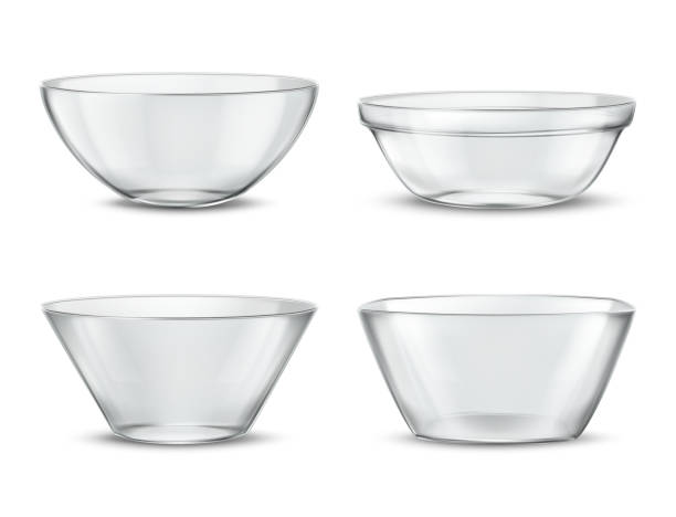 Vector 3d realistic transparent tableware, glass dishes Vector 3d realistic transparent tableware, glass dishes for different food. Containers with shadows, tureens and crystal glassware with reflections. Clear bowls, translucent ceramic. tureen stock illustrations