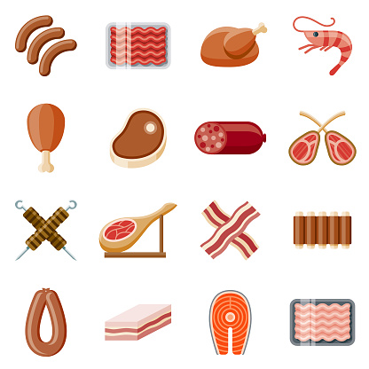 A set of meat icon sets. File is built in the CMYK color space for optimal printing, and can easily be converted to RGB. Color swatches are global for quick and easy color changes throughout the entire set of icons.