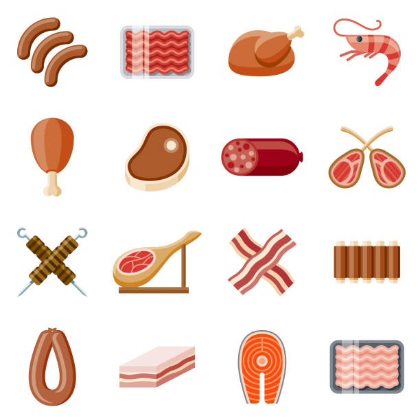 Meats Flat Design Icon Set A set of meat icon sets. File is built in the CMYK color space for optimal printing, and can easily be converted to RGB. Color swatches are global for quick and easy color changes throughout the entire set of icons. meat clipart stock illustrations