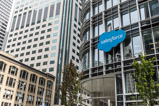 San Francisco, United States - August 24, 2018: Outside Salesforce Tower in San Francisco, located at 415 Mission St. Salesforce is an American cloud computing company with headquarters in San Francisco, California.