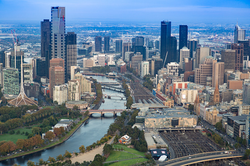 Melbourne CBD Yarra and Eureka Building aerial.