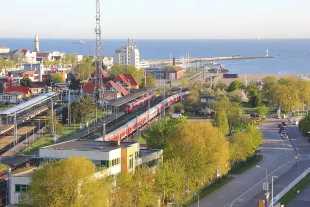 Picture of the Baltic Seaport Warnemunde, from the top deck of a cruise ship.