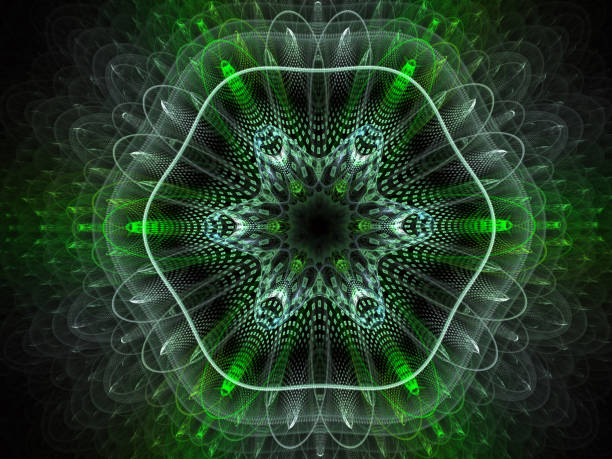istock Layered floral star. Woven texture - fractal abstract background element. Bright colorful layers accentuating the central, star shaped design. Graphic Fractal composition. 3d illustration. 1025018796