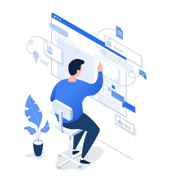 A man working on the Internet on a light background. A man working on the Internet on a light background. Isometric 3d vector illustration. design professional stock illustrations