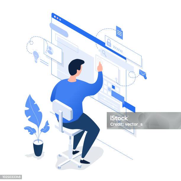 A Man Working On The Internet On A Light Background Stock Illustration - Download Image Now