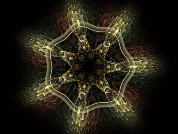 istock Layered floral star. Woven texture - fractal abstract background element. Bright colorful layers accentuating the central, star shaped design. Graphic Fractal composition. 3d illustration. 1025033954