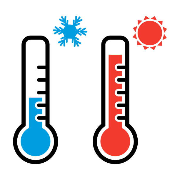 stockillustraties, clipart, cartoons en iconen met thermometer in rode en blauwe kleuren voor warm en koud weer met sneeuwvlok en zon symbolen. vectorillustratie - thermometer
