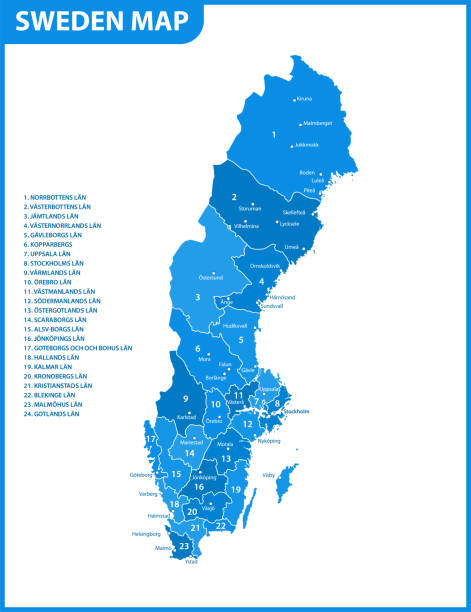 szczegółowa mapa szwecji z regionami lub państwami i miastami, stolicą. podział administracyjny. - sweden map stockholm vector stock illustrations