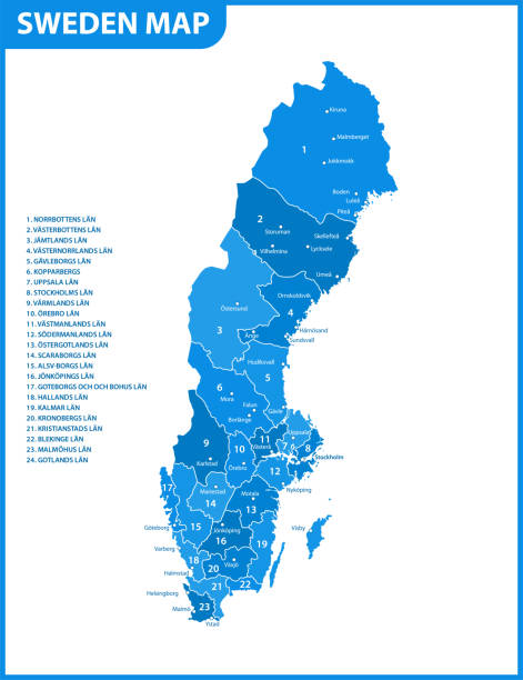 bildbanksillustrationer, clip art samt tecknat material och ikoner med detaljerad karta över sverige med regioner eller stater och städer, kapital. administrativ indelning. - sweden