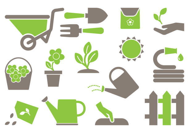 садоводство иконы. зеленый и серый цвета. иллюстрация вектора - watering can trowel dirt shovel stock illustrations