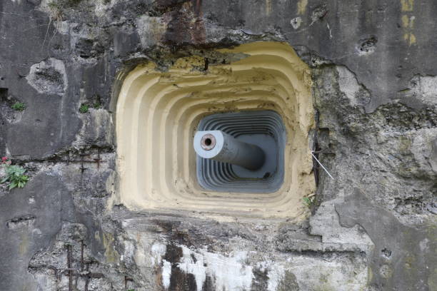 Close up lookout window of a British WW2 concrete pillbox / bunker.
