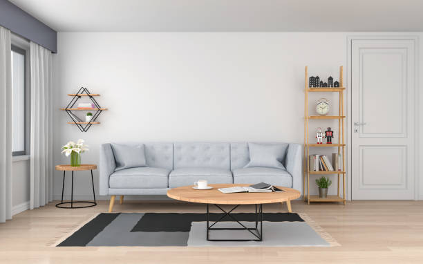 istock gray sofa in white living room, 3D rendering 1025092296