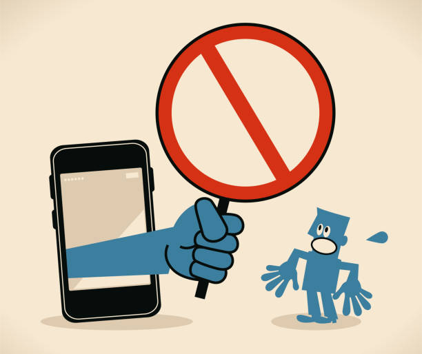 geschäftsmann stand vor einem großen smartphone, eine große hand aus dem handy hält eine leere verbotszeichen - cell phone ban stock-grafiken, -clipart, -cartoons und -symbole