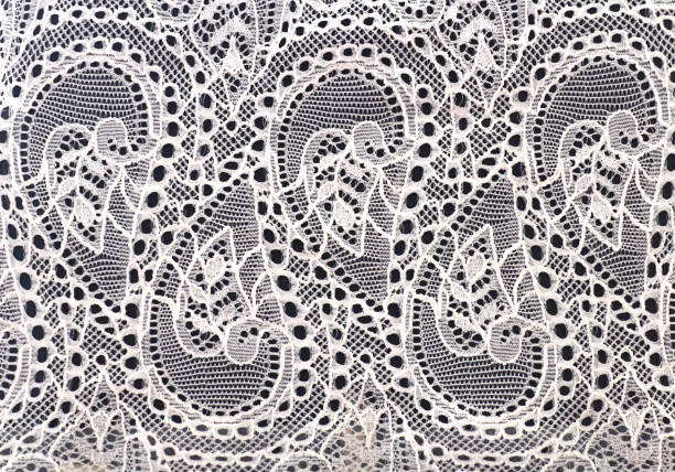 istock Background texture of soft fabric, pattern. White lace on a dark background. Close-up, selective focus, top view, copy space. 1025109518