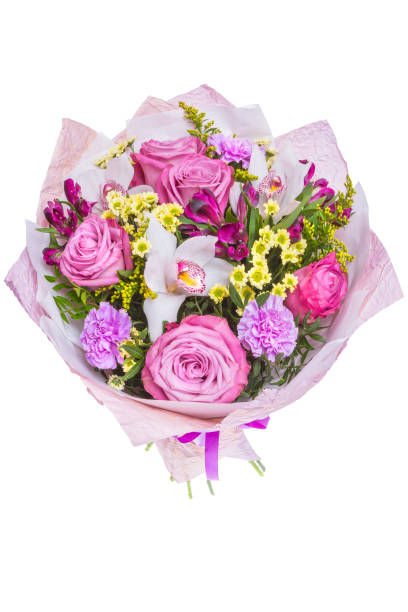 Bright buketny composition from fresh flowers, the white background
