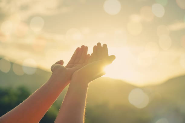 Woman hands place together like praying in front of nature green bokeh and blue sky  background. Woman hands place together like praying in front of nature green bokeh and blue sky  background. blessing stock pictures, royalty-free photos & images