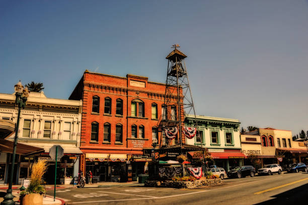 Placerville,California, USA - August 20, 2018: This view of town center in Placerville on Main Street shows the historic Bell Tower for alerting the population of emergencies or announcements in the days gone bye, this town was called Hangtown during a portion of the Gold Rush era now called Placerville as in Placer mining which was popular and on this August day with all the older shops and buildings it was an interesting visit.