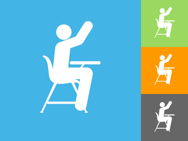 Student Raising Hand in Class Flat Icon on Blue Background Student Raising Hand in Class Flat Icon on Blue Background. The icon is depicted on Blue Background. There are three more background color variations included in this file. The icon is rendered in white color and the background is blue. hand raised orange blue colors stock illustrations