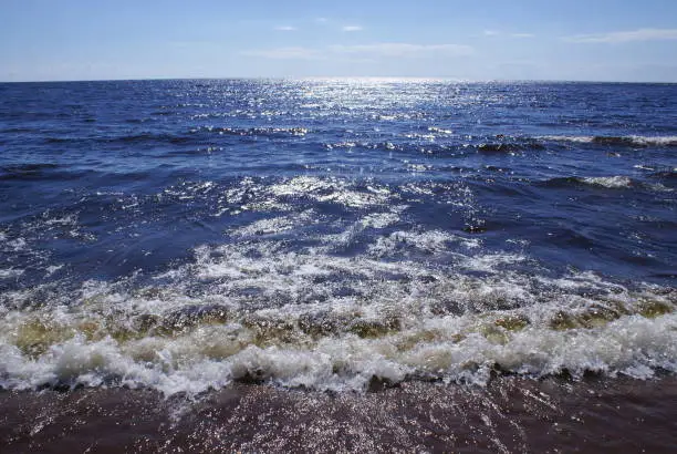Blue lake, glare on the water, small waves; in the foreground foaming wave comes ashore. Blue sky.