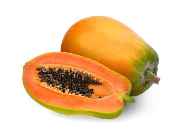 istock whole and half ripe papaya isolated on white background 1025156652