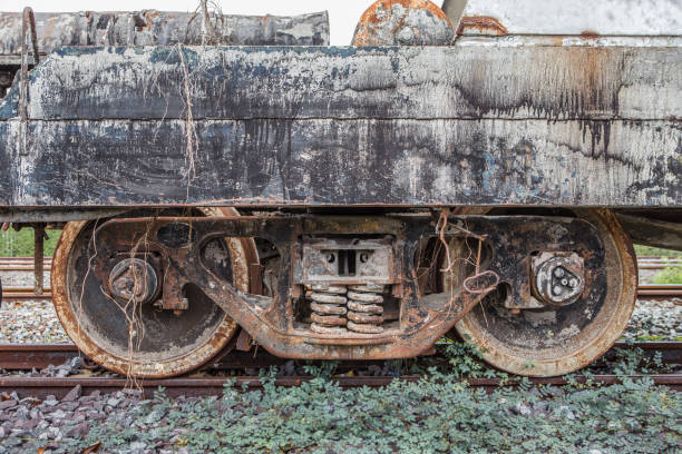 Old rusty rail wheel on railroad tracks texture backgruond