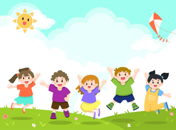 Happy Children Playing, Jumping at Outdoor, Park, Garden vector art illustration