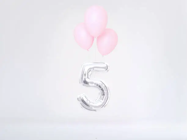 Five Year birthday. Number 5 flying foil balloon. Five-year anniversary background. 3D rendering