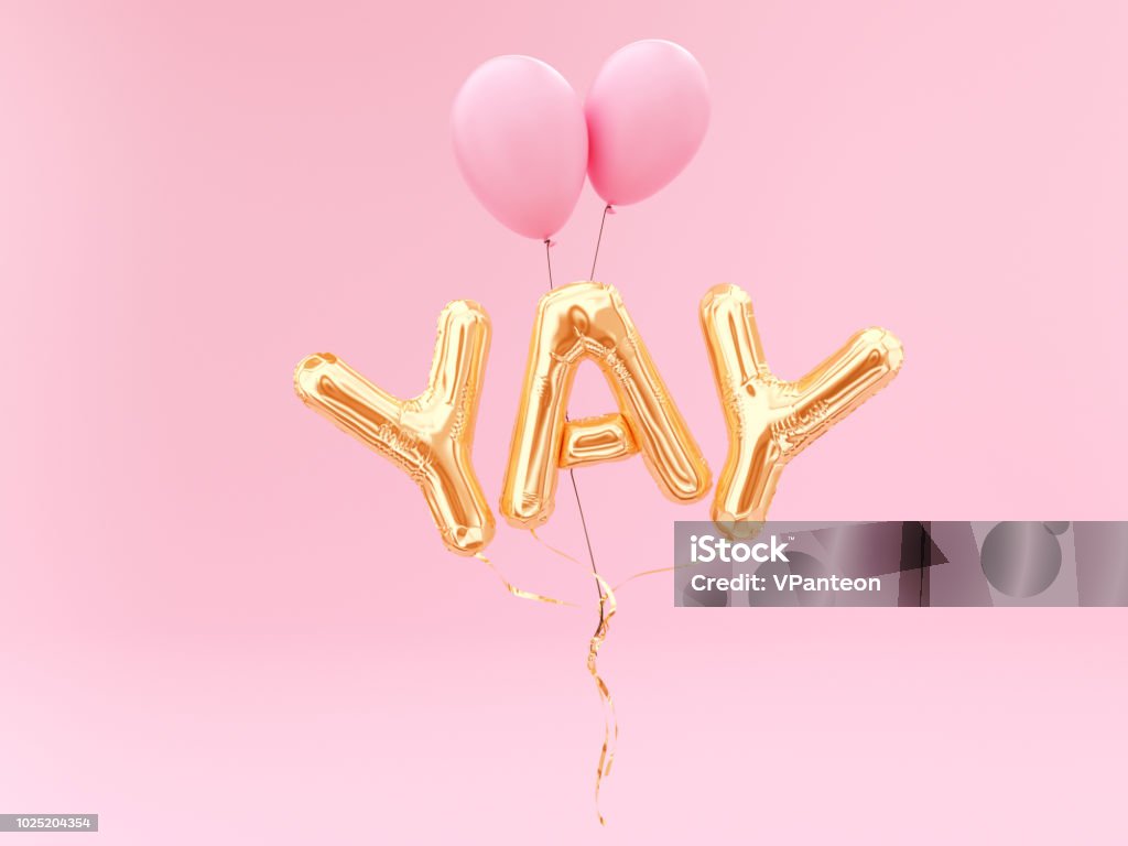 YAY word, foil balloon letters YAY word, foil balloon letters. 3d rendering Celebration Stock Photo