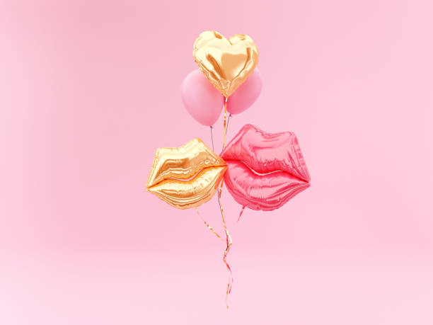 Love emotion Love emotion concept. Foil balloon couple lips and golden Heart on pink background. 3d rendering. mouths kissing stock pictures, royalty-free photos & images