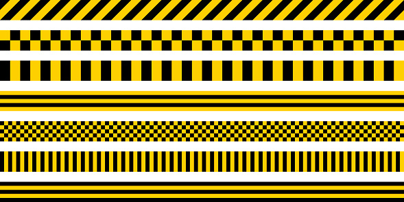 Set of stripes yellow and black color, with industrial pattern, vector safety warning stripes, black pattern on yellow background