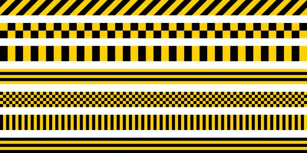 Vector illustration of Set stripes yellow and black color, with industrial pattern, vector safety warning stripes, black pattern on yellow background