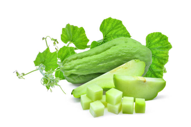 istock fresh chayote with green leaf isolated on white background 1025234924