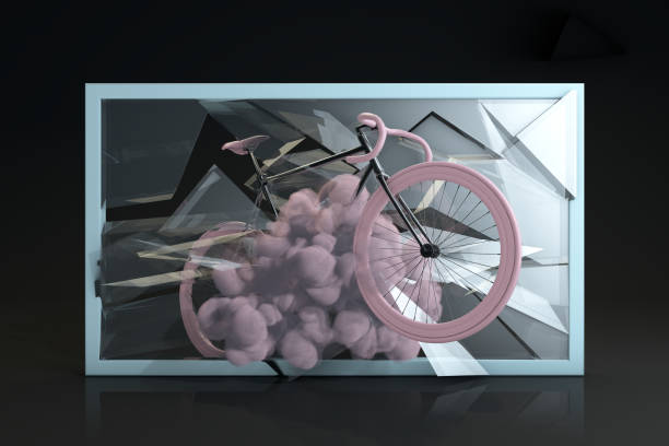 Blue frame and broken glass with smoke, pink bicycle running away