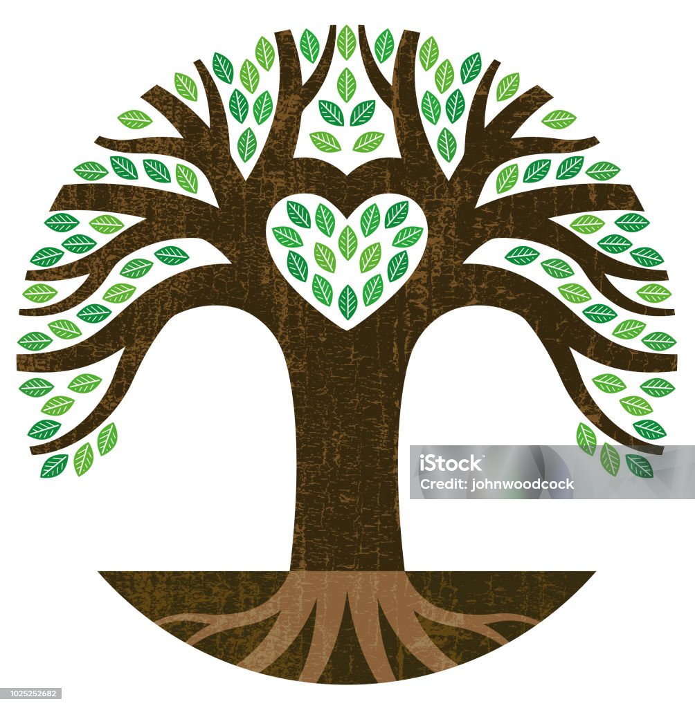 Tiny heart tree illustration A little heart shaped tree with a grungy texture applied and a green heart Tree stock vector