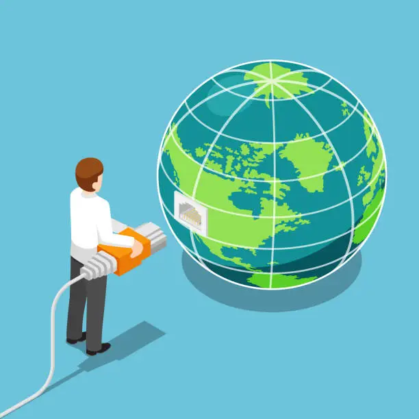 Vector illustration of Isometric businessman connecting network cable to the world