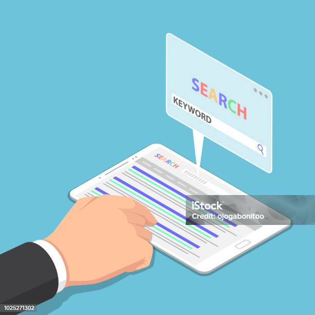 Isometric Businessman Hand Use Tablet To Searching Keyword On Search Engine Stock Illustration - Download Image Now
