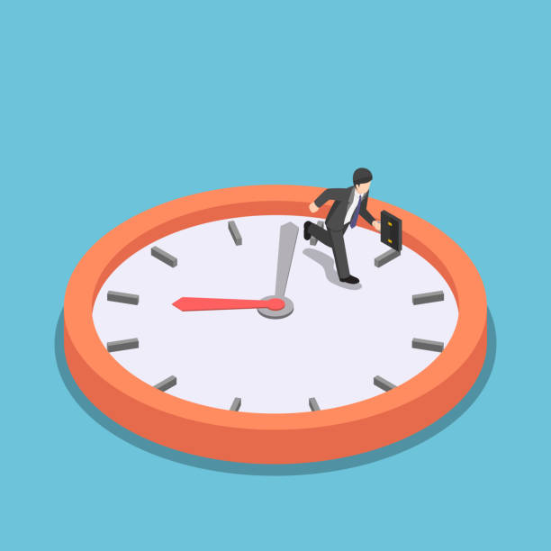 ilustrações de stock, clip art, desenhos animados e ícones de isometric businessman running on big clock face - clock face clock deadline human hand