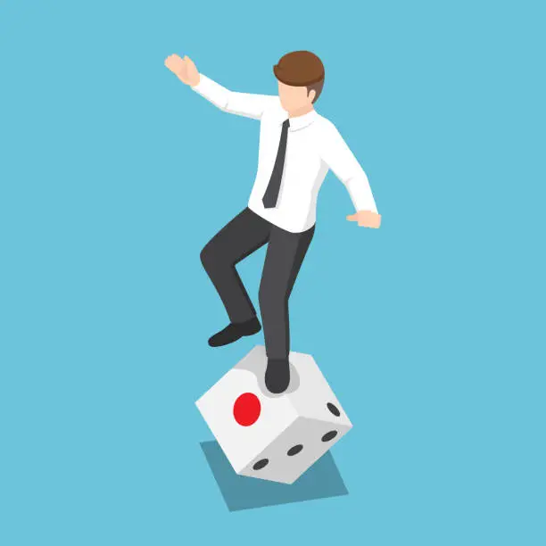 Vector illustration of Isometric businessman try to standing on rolling dice