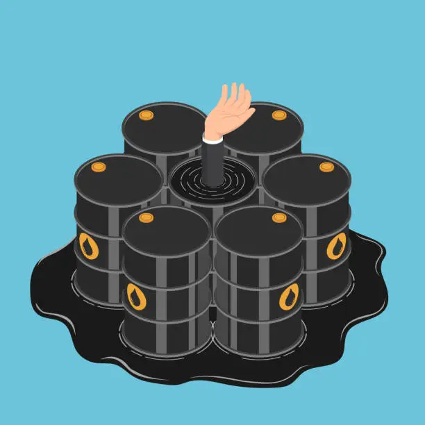 Vector illustration of Isometric businessman hand get drowned in  oil barrels