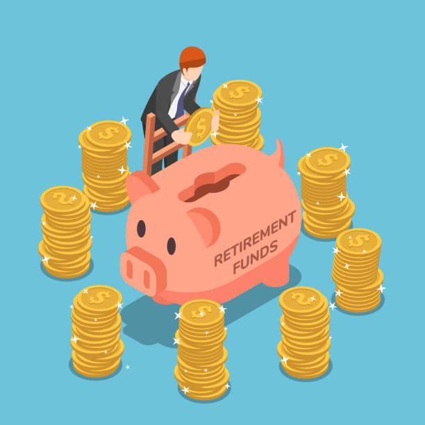 Isometric businessman saving money in piggy bank Flat 3d isometric businessman saving money in piggy bank. Retirement fund and financial concept. retirement plan document stock illustrations