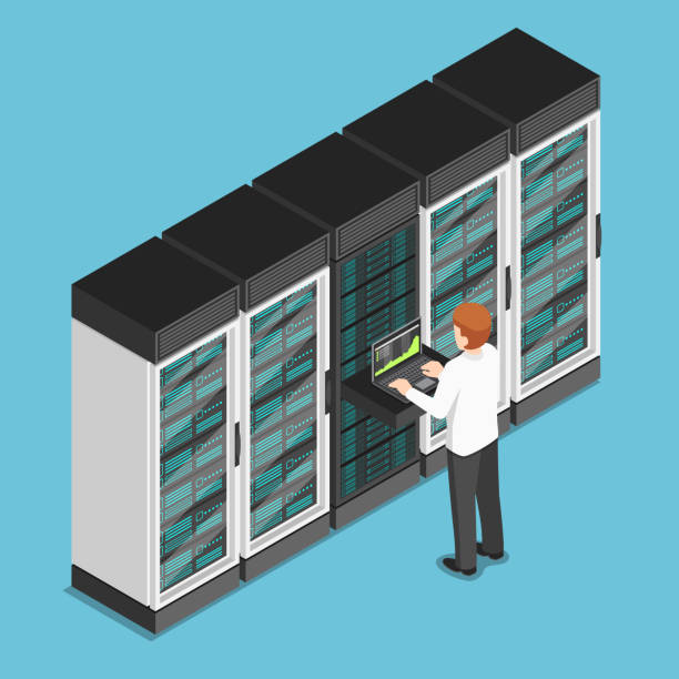 illustrations, cliparts, dessins animés et icônes de isométrique homme d’affaires travaillant sur ordinateur portable dans la salle de centre ou le serveur de base de données - network server computer network rack computer part