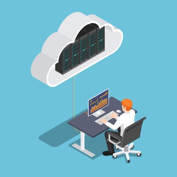 Isometric businessman working on desktop pc and uploading to cloud storage Flat 3d isometric businessman working on desktop pc and uploading to cloud storage. Cloud computing technology concept. isometric cloud server stock illustrations