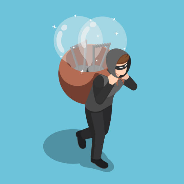 Isometric thief stolen light bulb of idea and carrying on his back Flat 3d isometric thief stolen light bulb of idea and carrying on his back. Steal idea concept. copyright symbol 3d stock illustrations